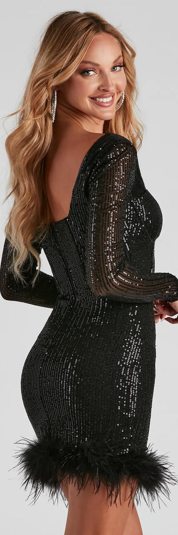 Jayla Long Sleeve Sequin Feather Mini Dress