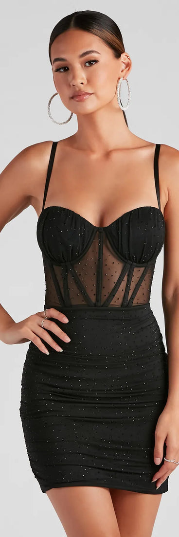 Keep it classic with the Andi Heat Stone Corset Dress, a feed-worthy pick from Windsor's black homecoming dress collection made to stop their scroll from pictures to the dance floor.