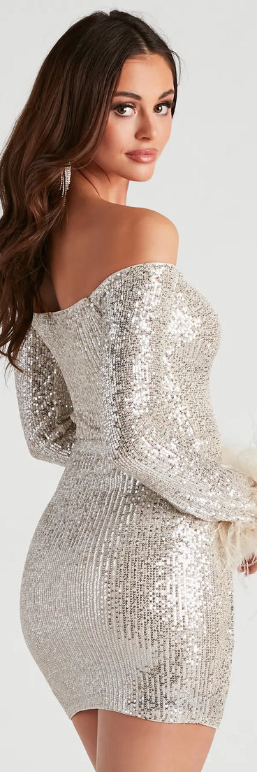 Jolie Sequin Feather Cuff Mini Dress
