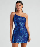 Turn heads in the beaming Kai Formal One-Shoulder Sequin Short Dress, a stunning royal sequin dress designed to add sparkle and elegance to your next night out or special occasion.