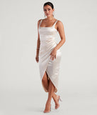 Own the evening in the Samantha Formal Satin Midi Dress in ivory, a summer cocktail dress perfect for rooftop parties and stylish soirées.