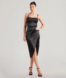 Feel confident and photo-ready in the Margaret Formal Satin Wrap Midi Dress, a black graduation dress perfect for 2025 ceremonies and parties.