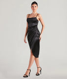 Make a bold statement in the Margaret Formal Satin Wrap Midi Dress in black, the perfect spring dress for weddings, cocktail hours, nights out, and/or seasonal celebrations.