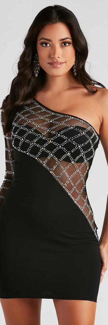 Arianna Rhinestone One-Shoulder Sheer Mini Dress