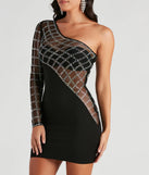 Arianna Rhinestone One-Shoulder Sheer Mini Dress