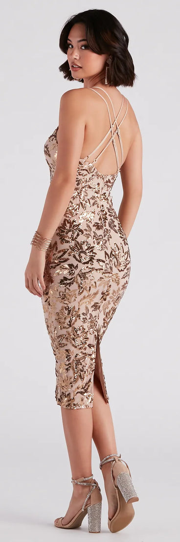 Stand out in a crowd with the Adora Formal Sequin Midi Dress, a glamorous nude sequin dress that sparkles effortlessly as an NYE party gown, wedding guest dress, or must-have evening wear for formal events like military balls and winter formals.