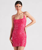 Bring a fun and feminine vibe with the Leila Sequin Bodycon Mini Dress in fuchsia, a scroll-stopping style from Windsor's pink homecoming dress collection that brings playful charm to every HOCO moment.