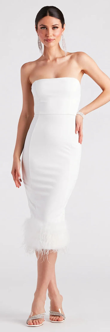 Marina Strapless Crepe Feather Trim Midi Dress