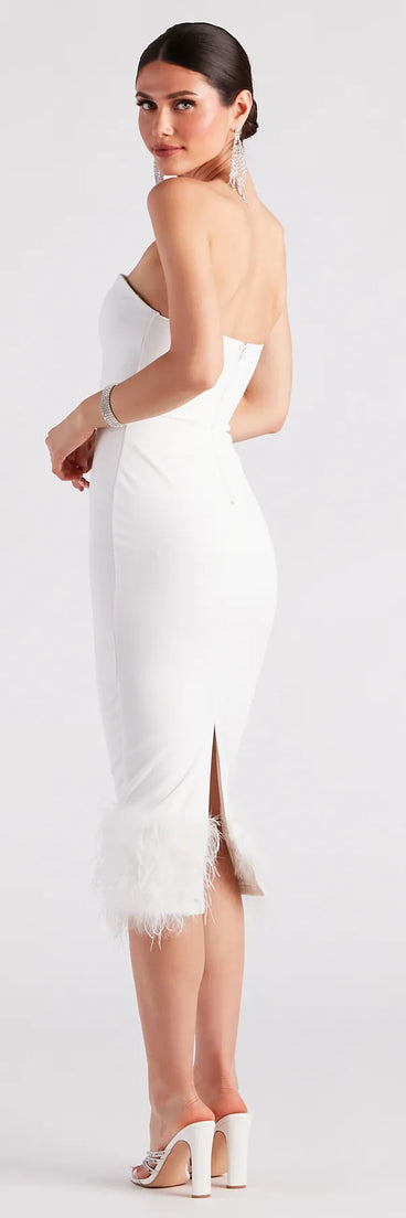 Marina Strapless Crepe Feather Trim Midi Dress