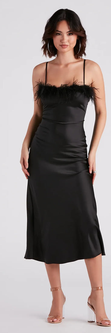 Lizzy Feather Trim Satin Slip Dress