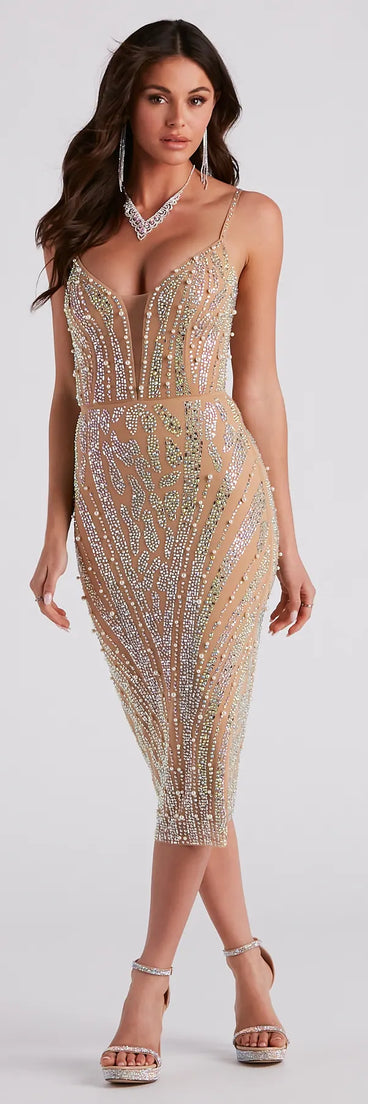 Luisa Rhinestone V-Neck Midi Dress