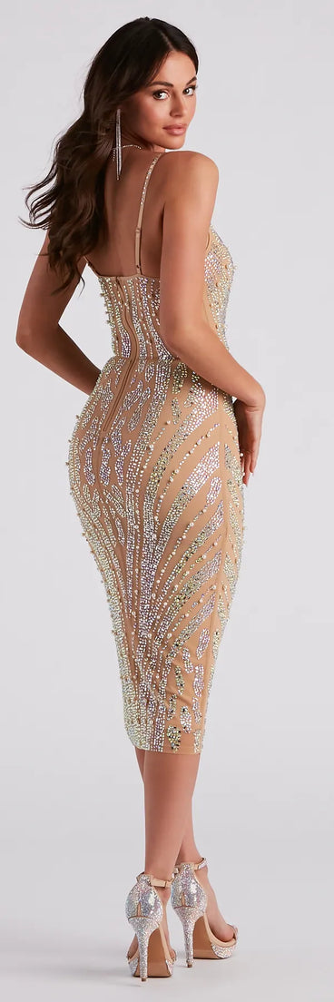 lurex chiffon midi dress with rhinestone belt Rhinestone Pearl Lurex Midi Dress Ver Luisant