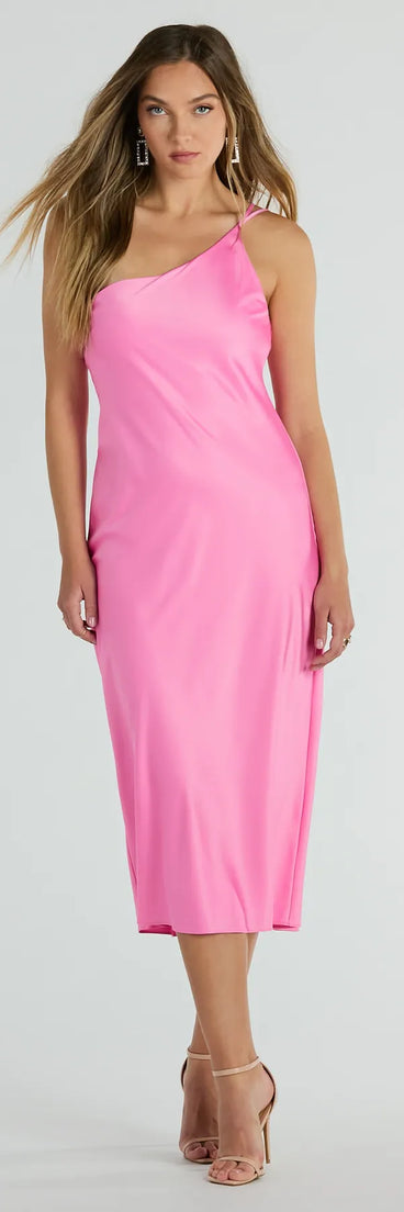 Feel instantly put-together in the Winnie Formal Satin One-Shoulder Midi Dress in pink, a summer wedding guest dress designed for confident style and all-out celebration.