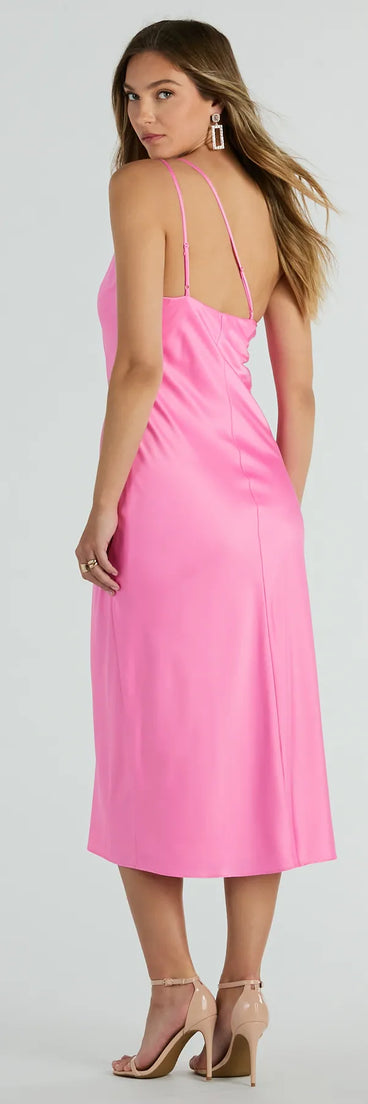 The midi dress length on the Winnie Formal Satin One-Shoulder Midi Dress provides an elevated silhouette perfect for any party, occasion, or everyday styling.