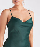 The Annabella Formal Satin A-Line Midi Dress is an elegant hunter green formal dress in a rich seasonal color and with unique design accents that make dressing up for winter parties, holiday balls, or festive gatherings effortless!