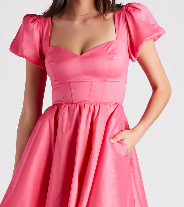 open lace back dress A-Line Off The Shoulder Taffeta Prom Dress with Short Puffy Sleeves, Red / 16