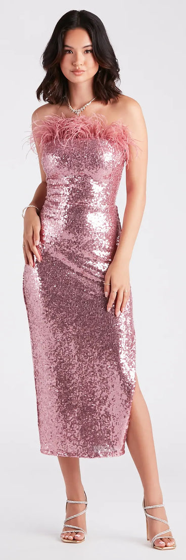 Marlin Formal Sequin Feather Midi Dress