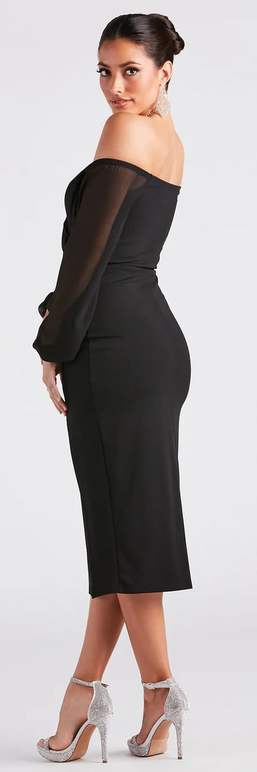 Make an impression in the Jolene Formal Chiffon Off-The-Shoulder Dress, a black off-the-shoulder long sleeve dress that's ideal for formal party events, anniversaries, or wedding guest looks.