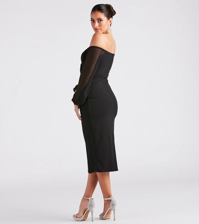 Jolene Formal Chiffon Off The Shoulder Dress in Black Size S Chiffon Crepe Fabric Knit Fabric Windsor