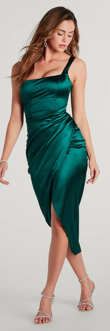 Own every entrance in the Samantha Formal Satin Midi Dress, a hunter green party dress perfect for milestone birthdays, homecoming dances, and unforgettable bachelorette celebrations.