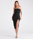 Revamp your 2025 wardrobe with this chic addition, the Livia Glitter Knit High Slit Formal Midi Dress in black, perfect for elevating your style in the new year.