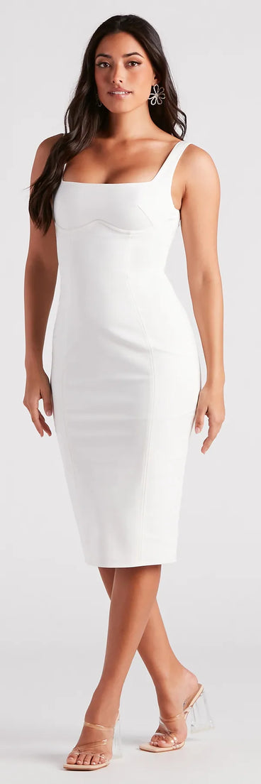 Audrina Formal Ponte Square Neck Midi Dress