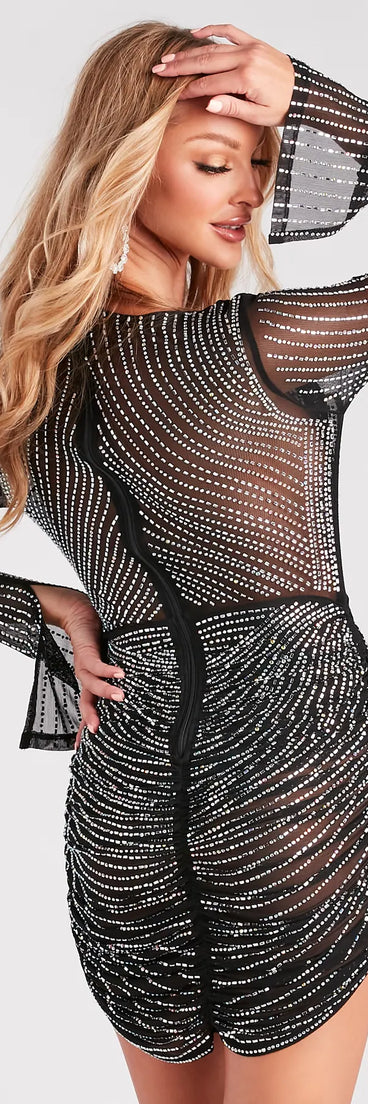 Jenny Iridescent Rhinestone Sheer Formal Mini Dress