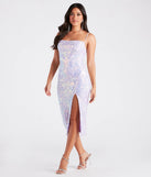Make a bold statement in the Sienna Formal Sequin Lace-Up Midi Dress in lavender, the perfect spring dress for weddings, cocktail hours, nights out, and/or seasonal celebrations.