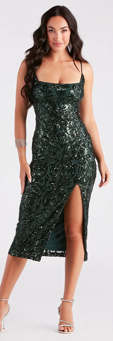 Kourt Formal Sequin Lace-Up Midi Dress