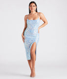 With its mid-calf hem and popular flattering fit, the Karley Formal Sequin Low Back Midi Dress in light blue nails the balance of trend and ease, redefining go-to midi dresses for any occasion.