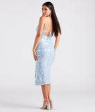 Flaunt your silhouette in the tight Karley Formal Sequin Low Back Midi Dress in light blue, a bodycon dress that empowers your look with bold style and effortless edge.