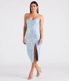 Own every entrance in the Karley Formal Sequin Low Back Midi Dress, a light blue party dress perfect for milestone birthdays and grad parties, or dancing through summer nights and unforgettable bachelorette celebrations.