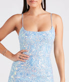 Own every entrance in the Karley Formal Sequin Low Back Midi Dress, a light blue party dress perfect for milestone birthdays and grad parties, or dancing through summer nights and unforgettable bachelorette celebrations.