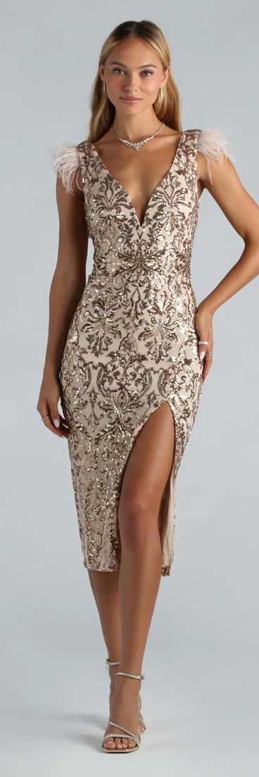 Shine bright in the Ada Formal Sequin Feather Midi Dress, a glamorous gold sequin dress that captures the light beautifully, ideal for a New Year's Eve dress, wedding guest dress, or a festive party look.