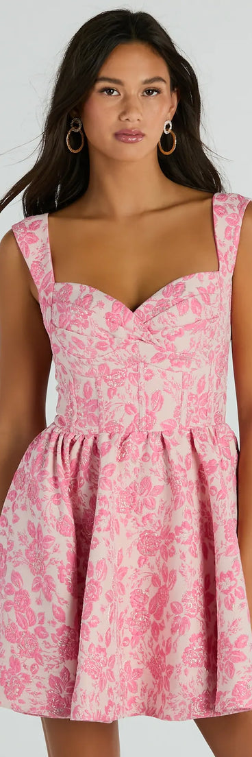 Your dream vibe in motion—the Cassie Corset Floral Jacquard Party Skater Dress blends sleek style and trending details for the ultimate pink prom dresses glow-up.