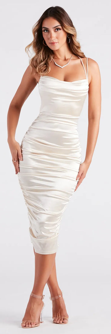 You'll feel stylish and confident in the Ivette Formal Satin Lace-Up Midi Dress as your Winter Formal Dress to stand out at your dance or event.