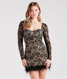 Step into seasonal chic with the Natasha Lace Long Sleeve Feather Mini Dress, a black mini dress featuring an above-the-knee cut ideal for cocktail parties, festive gatherings, or clubwear.