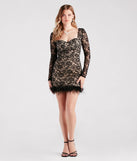 Make a bold statement in the Natasha Lace Long Sleeve Feather Mini Dress in black, the perfect spring dress for weddings, cocktail hours, nights out, and/or seasonal celebrations.