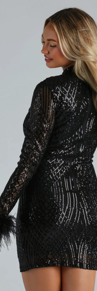 Juilette Sequin Mock Neck Marabou Dress