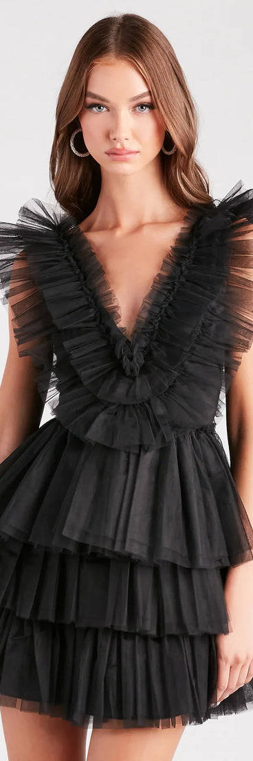 Devon Ruffled Tulle V-Neck Party Dress