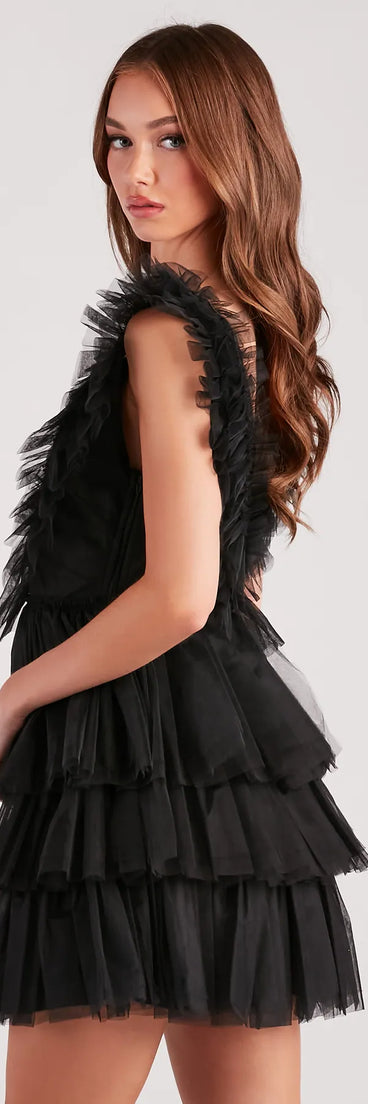 Devon Ruffled Tulle V-Neck Party Dress