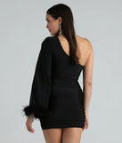 Brielle One-Shoulder Marabou Feather Trim Mini Dress in black, a stunning bodycon dress with a flattering fit and feminine details, perfect for date night or girls' night out.