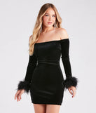 Eileen Velvet Marabou Off The Shoulder Dress, a trendy black mini dress featuring modern details and a fresh seasonal hue, perfect for creating chic 2025 looks.