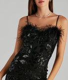 The Sarahi Sequin Rose Marabou Mini Dress is a black holiday dress with a festive style, crafted from luxe fabrics and with unique design accents, a perfect pick as your holiday party dress.