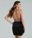 Own every entrance in the Frankie Glitter Velvet Lace-Up Mini Dress, a black party dress perfect for milestone birthdays and grad parties, or dancing through summer nights and unforgettable bachelorette celebrations.