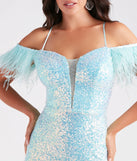 Shelly Sequin Feather Off-The-Shoulder Dress