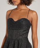 Own the evening in the Leah Glitter Mesh Corset Skater Dress in black, a summer cocktail dress perfect for rooftop parties and stylish soirées.