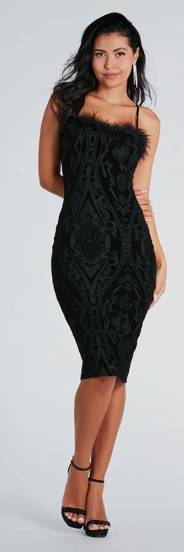 Roselyn Velvet Flocked Mesh Formal Midi Dress