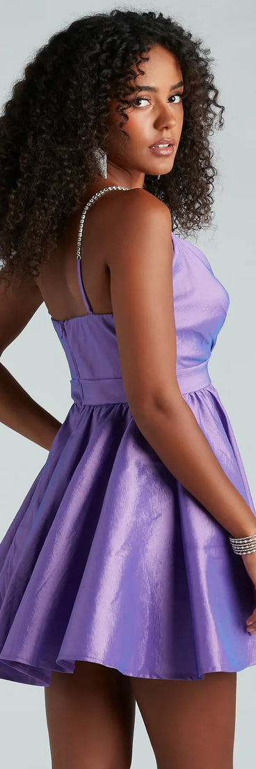 AJ Taffeta Rhinestone Strap A-Line Party Dress