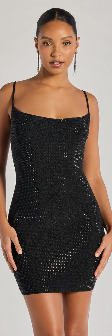 Paige Rhinestone Formal Bodycon Mini Dress, a trendy black mini dress featuring modern details and a fresh seasonal hue, perfect for creating chic 2025 looks.